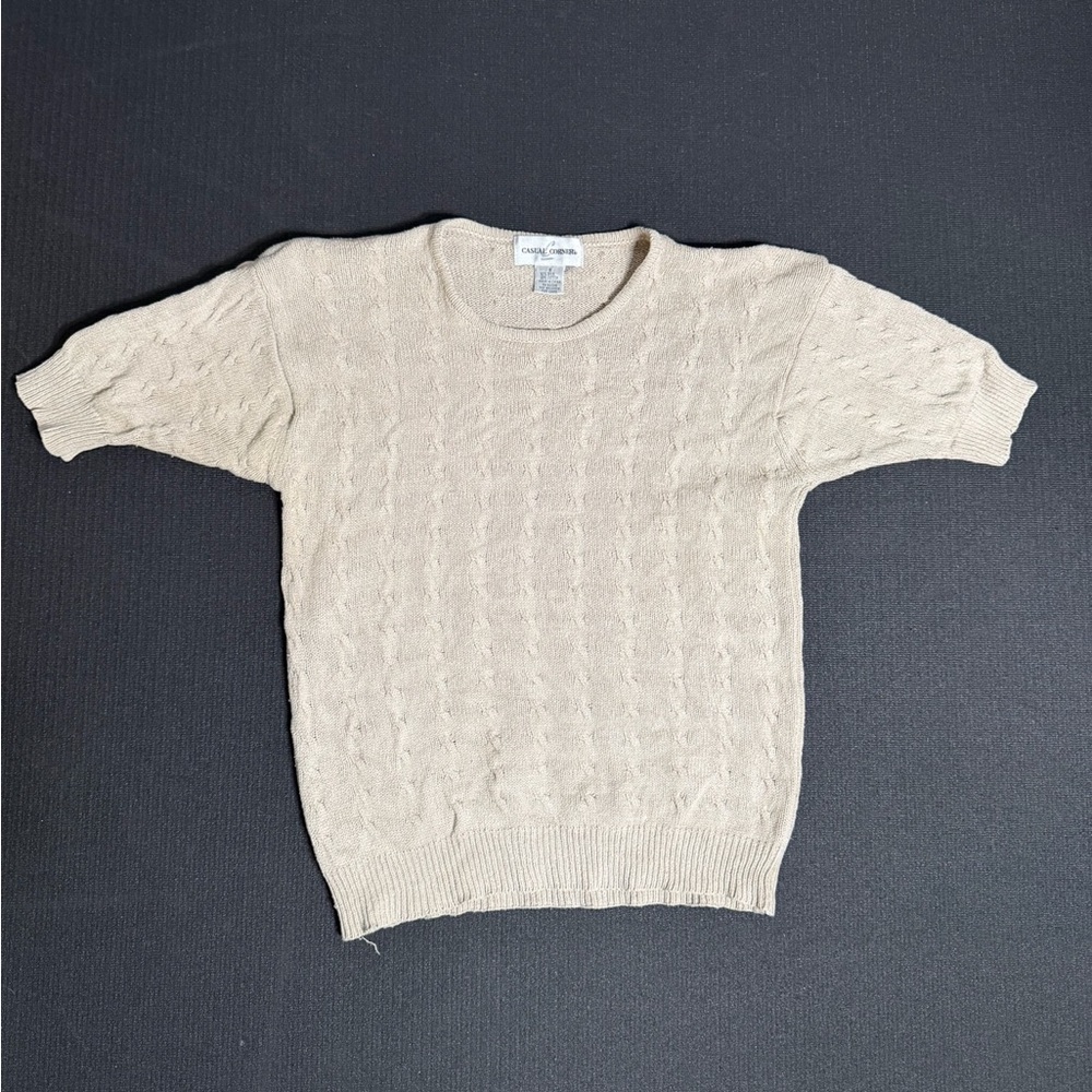Vintage Silk Blend Sweater Knit Top Short Sleeve Cable Knit Neutral Minimalist S